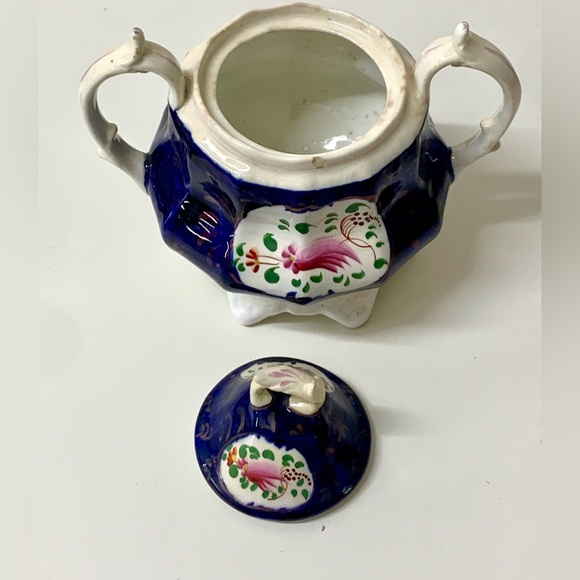 19th Century Vintage Gaudy Welsh Feather Pattern Handled Lidded Sugar Bowl - Picture 14 of 16